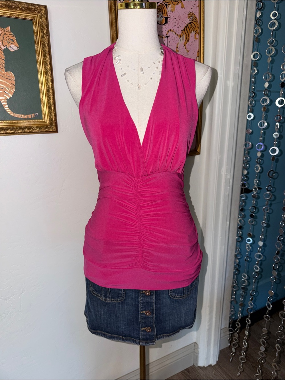 vintage y2k Sleeveless Ruched V-Neck Top - Pink